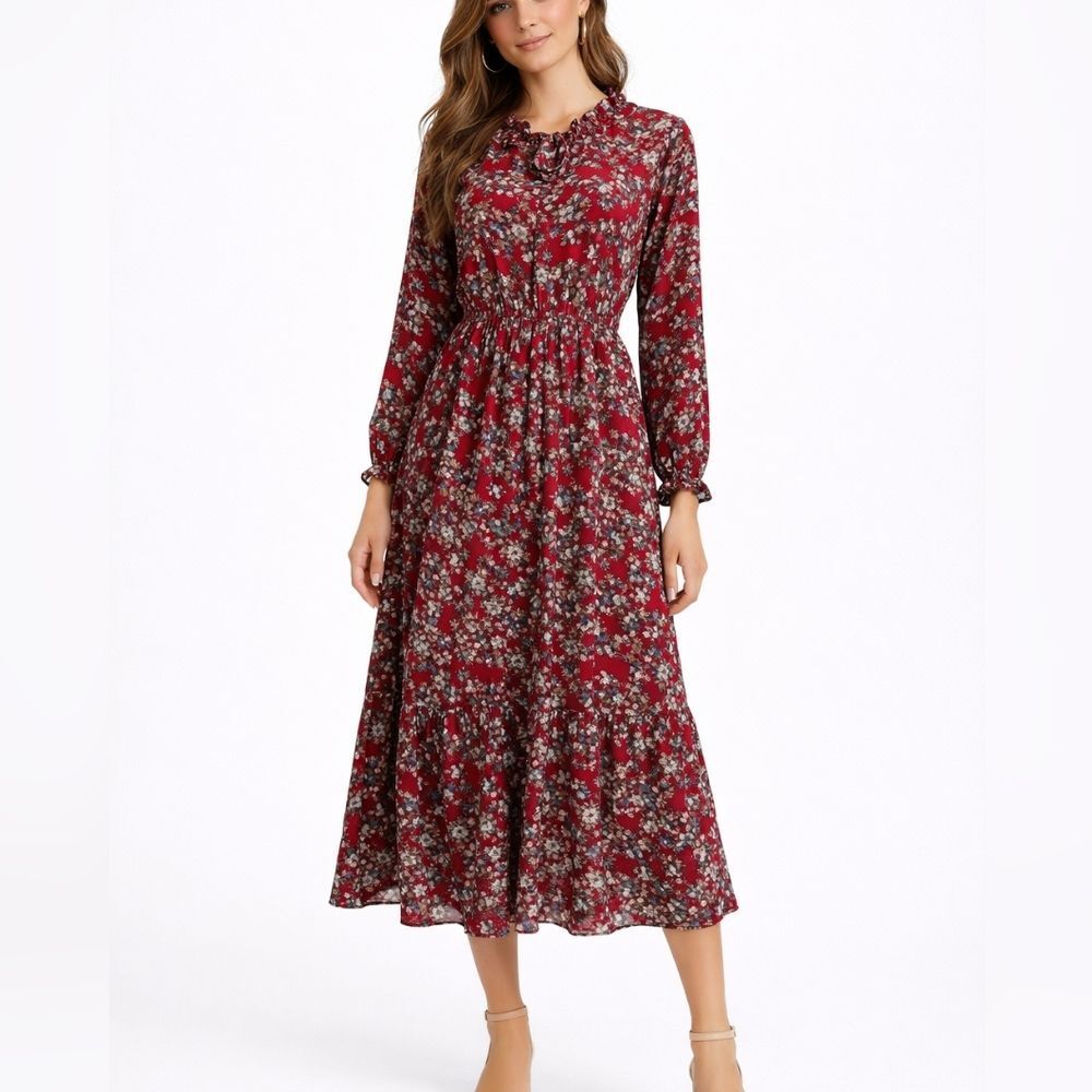 Othermix Red Floral Ruffle Cottagecore Midi Dress Size Large